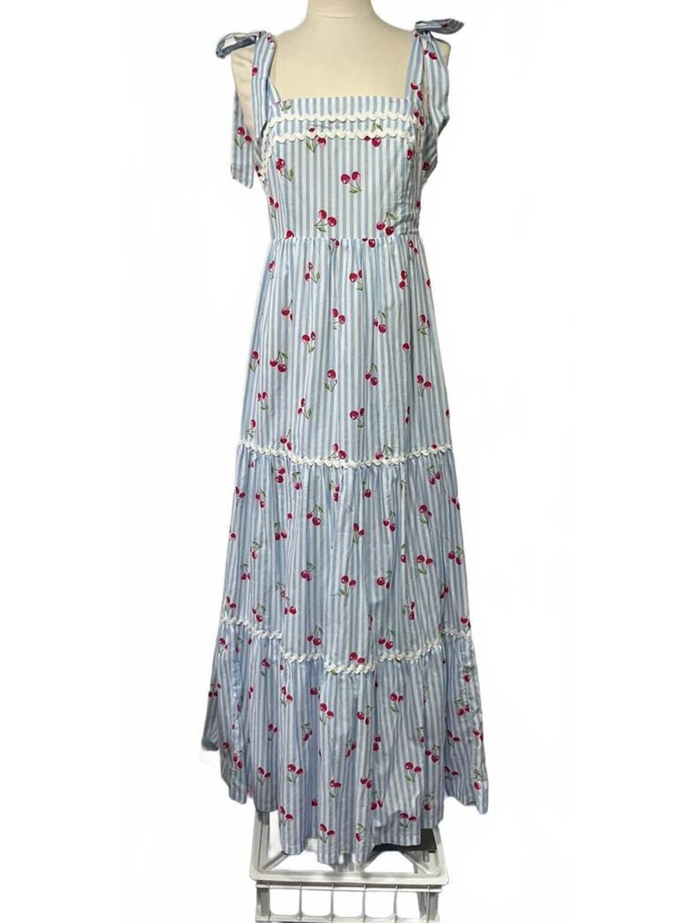 Rachel Zoe blue striped cherry tie strap maxi dress sz 4 dd12